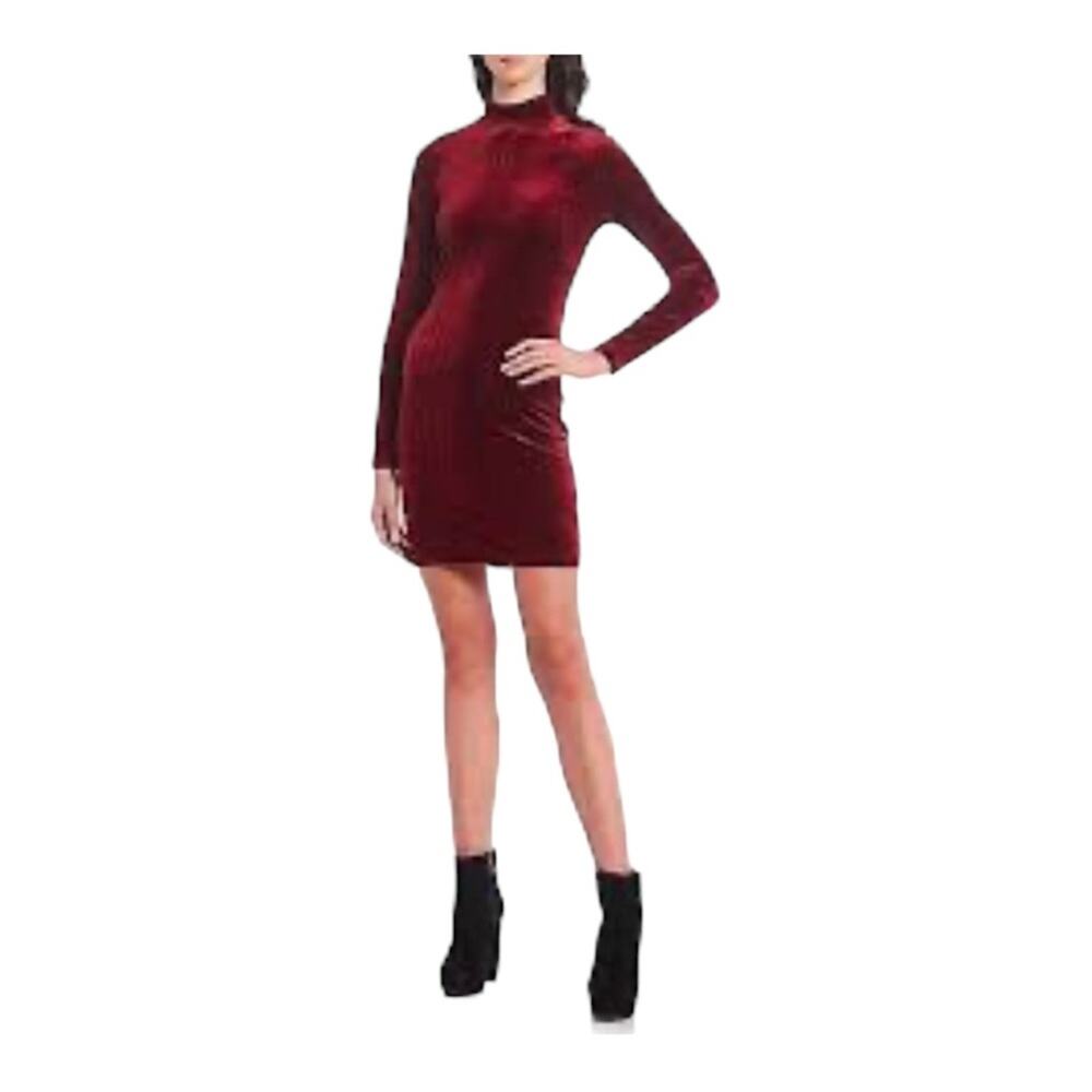 GB Red Velvet Stretch High Mock Neck Long Sleeve Holiday Cocktail Party Dress - Picture 2 of 16